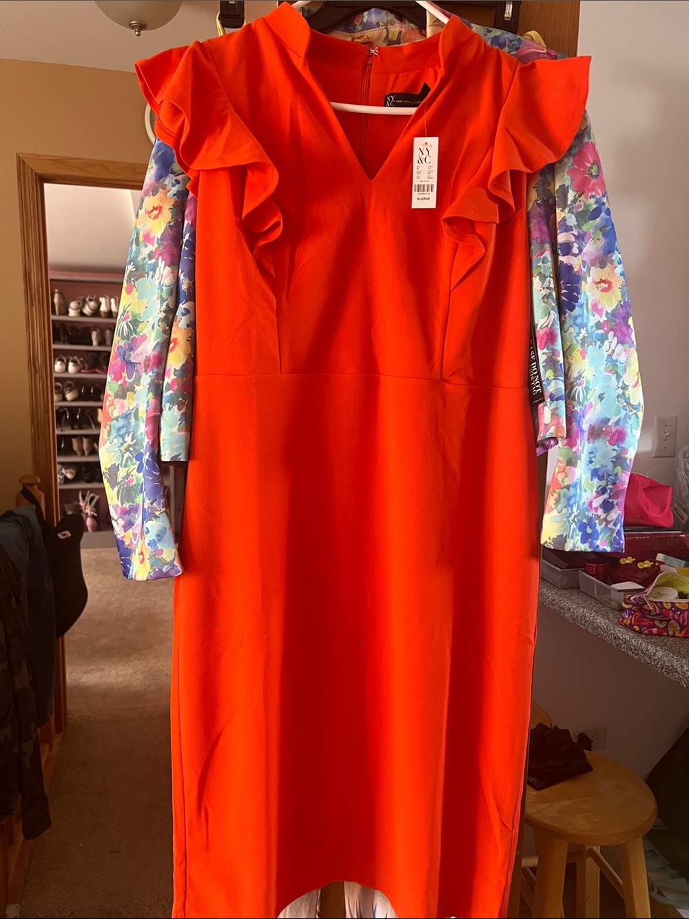 Blank NYC Vibrant Orange Ruffle Sleeve Midi Dress